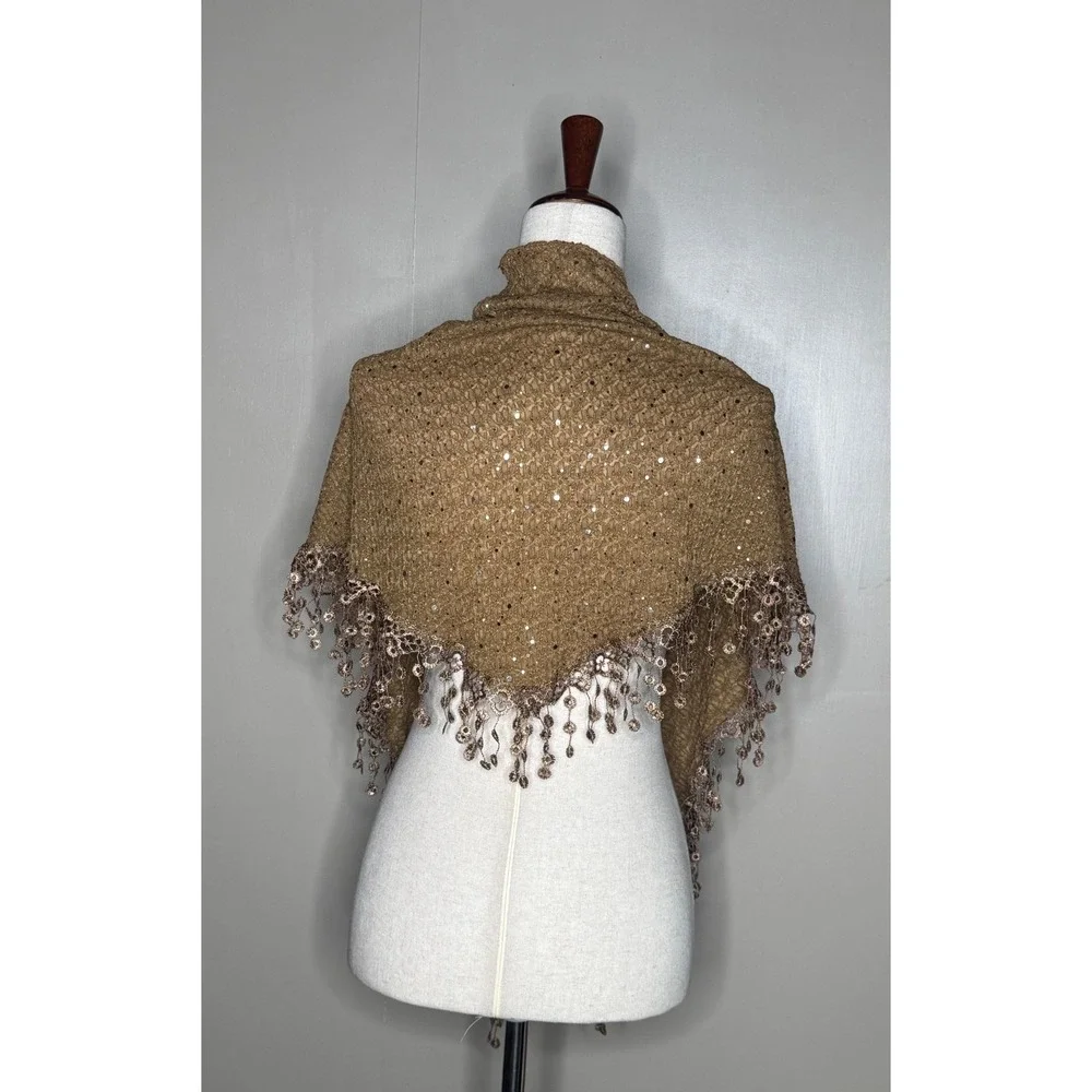 NWT R Collection Brown Bronze Sequin Crochet Triangle Shawl Fringe Wrap